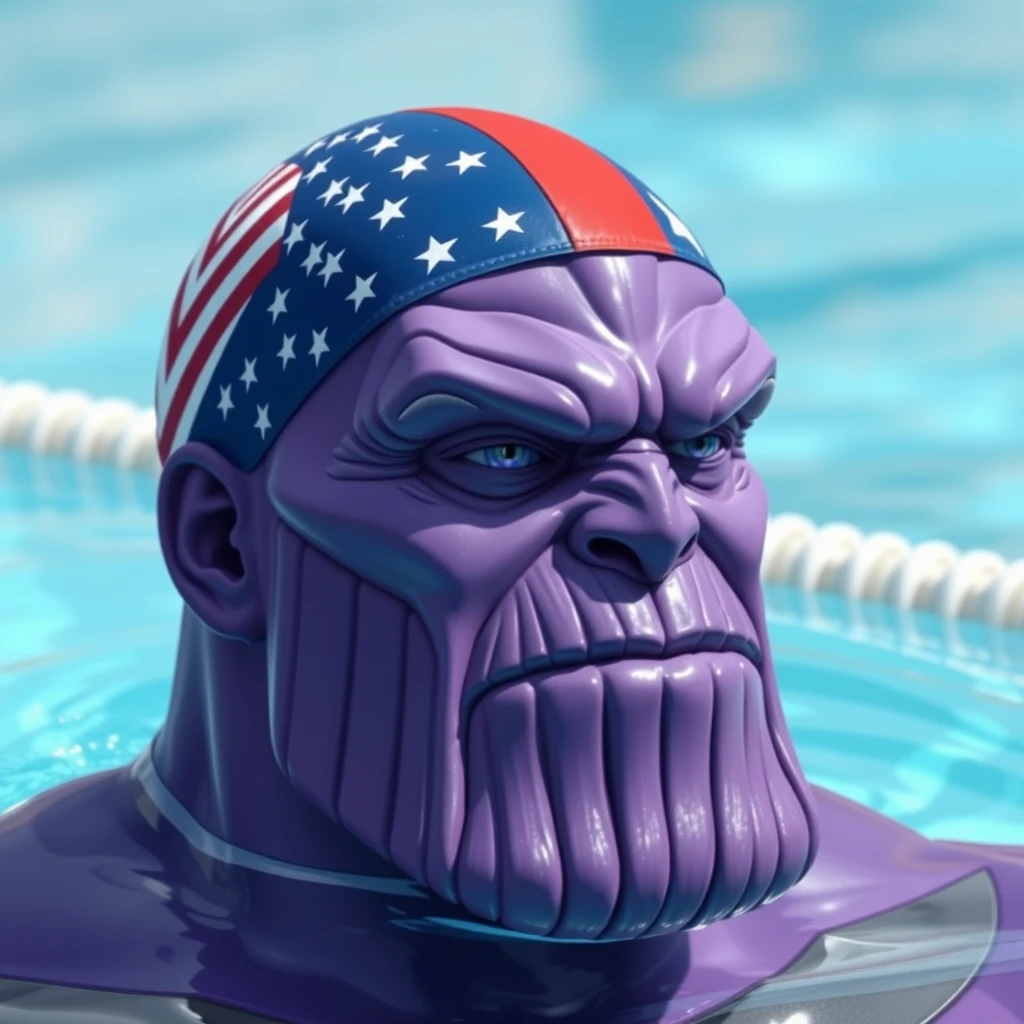 "A purple Thanos swimming, wearing a swimming cap with the American flag."