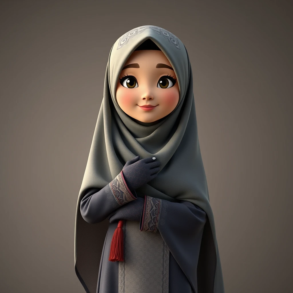 A 3D, 8k animated cartoon depiction of a Muslim woman from Palembang, wearing a traditional long songket and a long gown (gamis). She is adorned with a hijab that covers her chest and wears batik gloves covering her hands.