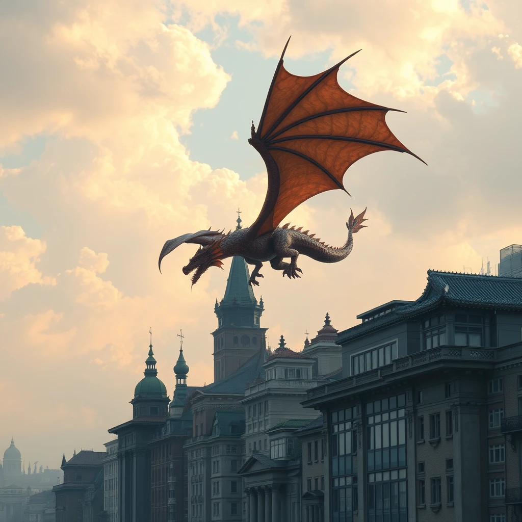 Dragon flying over modern city