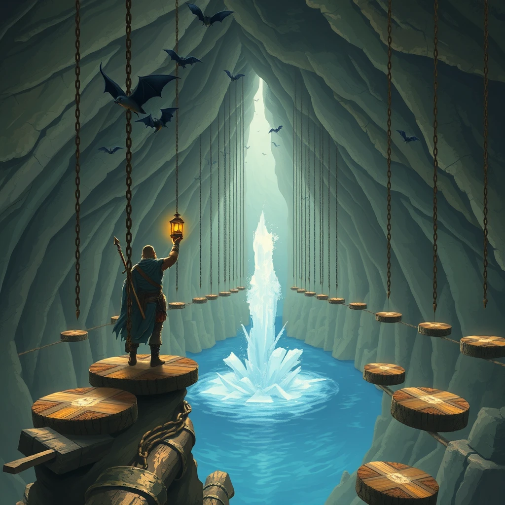 A large cavern, standing on one of the platforms is a male warrior holding a lantern. There is blue water filling the bottom of the cavern and a geyser is erupting. Hanging from the ceiling in a row are a series of chains with round wooden platforms at the end of the chain that are suspended above the water. Bats are flying around.