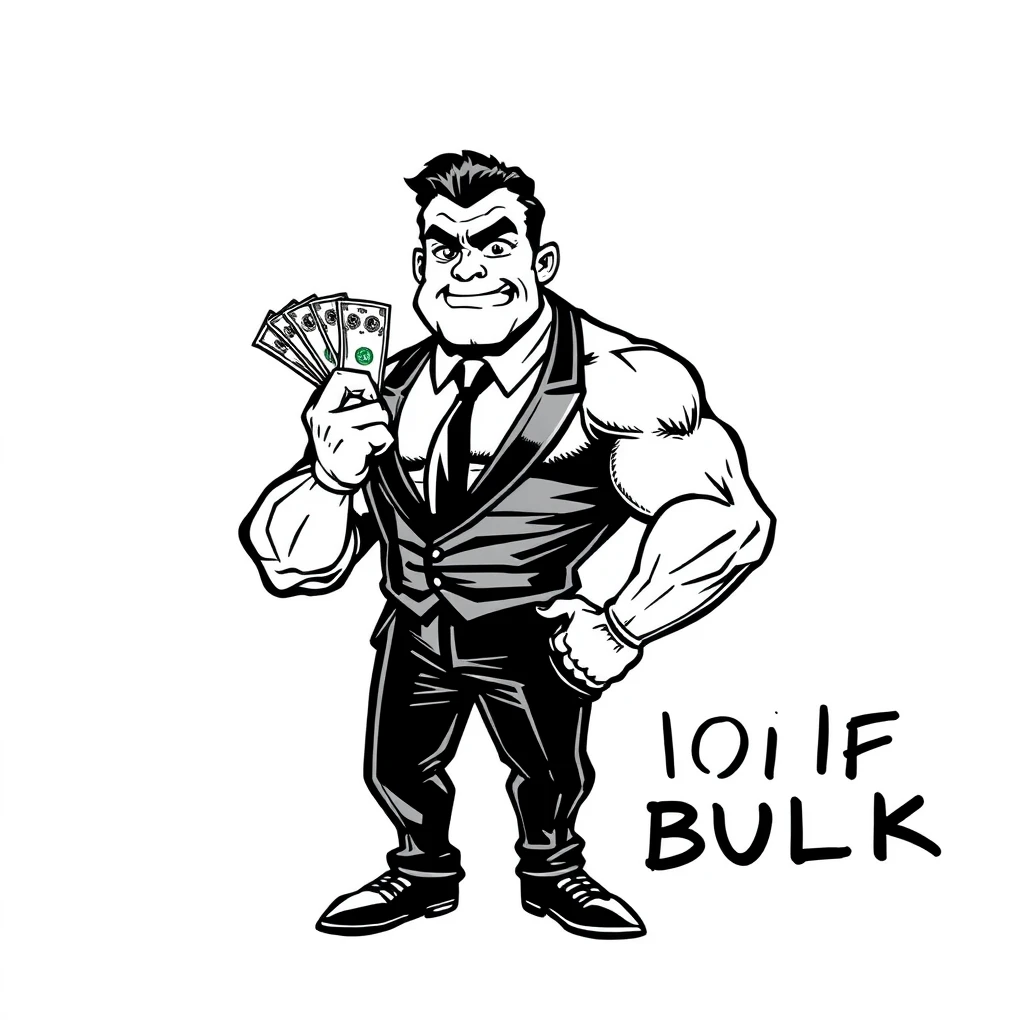 A 50s dot comic ink black monochromatic style of a muscular business gigachad holding a wad of cash. Text says “Clean Money Dirty Bulk.”