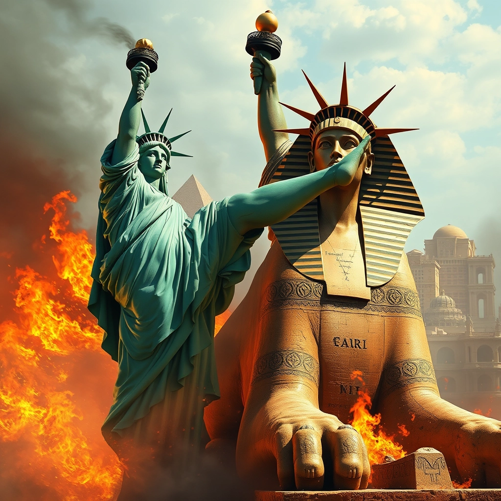 Realistic image of the Statue of Liberty kicking the Egyptian Sphinx, with Cairo in flames in the background. - Image