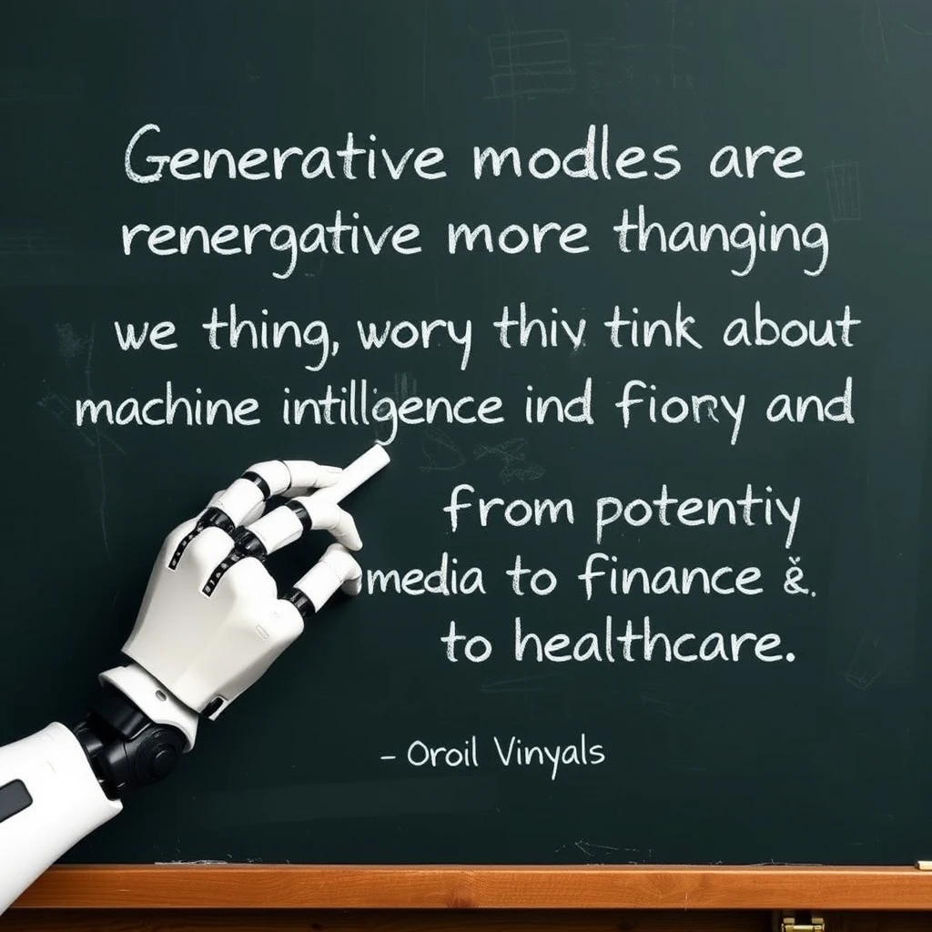 A robotic hand holding a piece of chalk is writing on a chalkboard that has writing on it that says “Generative models are changing the way we think about machine intelligence and creativity, and have the potential to transform industries from media to finance to healthcare.” ~Oriol Vinyals, classroom style chalkboard.