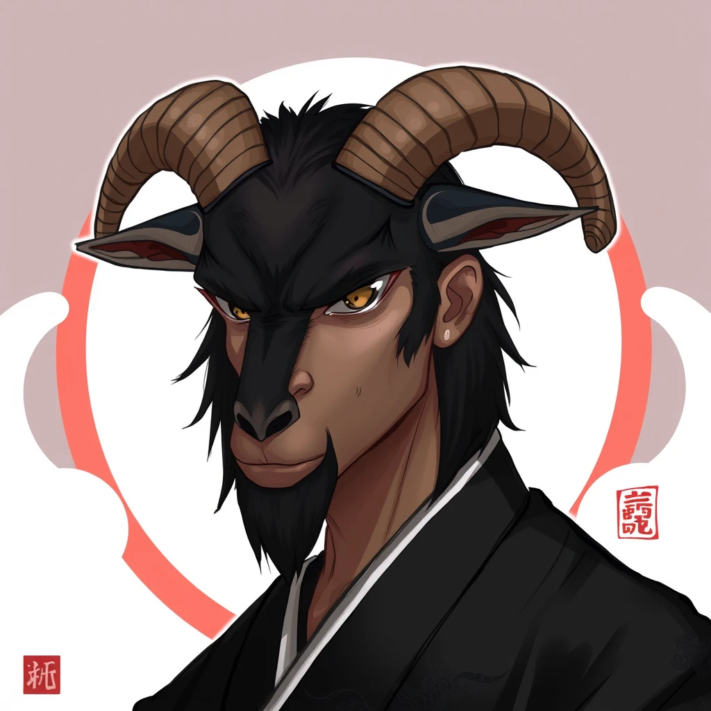 A man with a black goat head, a serious stare, wearing a black kimono, 2D art.