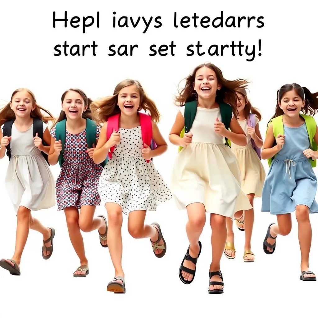 Create a photo of a group of 16-year-old teenage girls wearing dresses and sandals. They are joyfully running towards the camera because the holidays are starting. They are wearing school backpacks and cheering. The background is white, no text. The children are fully visible. - Image