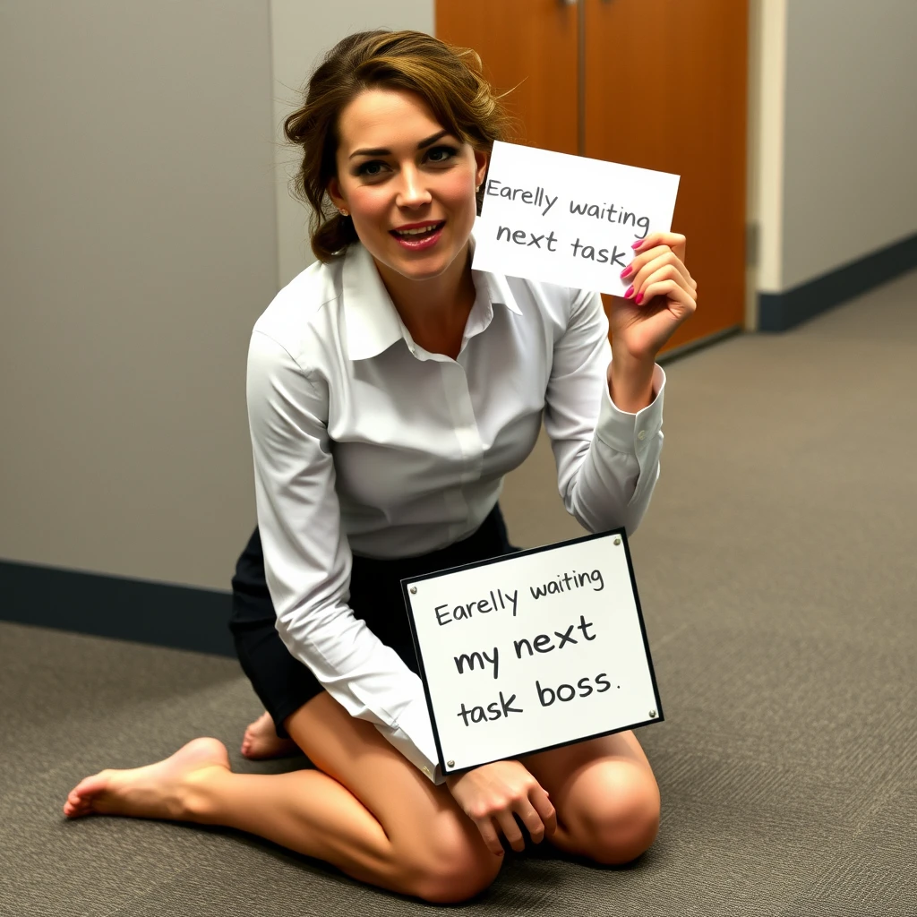 Kate Middleton dressed as an office intern, on her knees, wearing a tight white shirt, barefoot, messy frazzled hair, top buttons unbuttoned, on office carpet, teenager, in a short skirt, holding a sign that says "Eagerly awaiting my next task boss". Tongue out. - Image