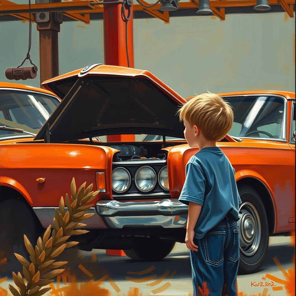 A boy watches a mechanic work on the family car, a painting by Kurt Ard, 4k, detailed. - Image