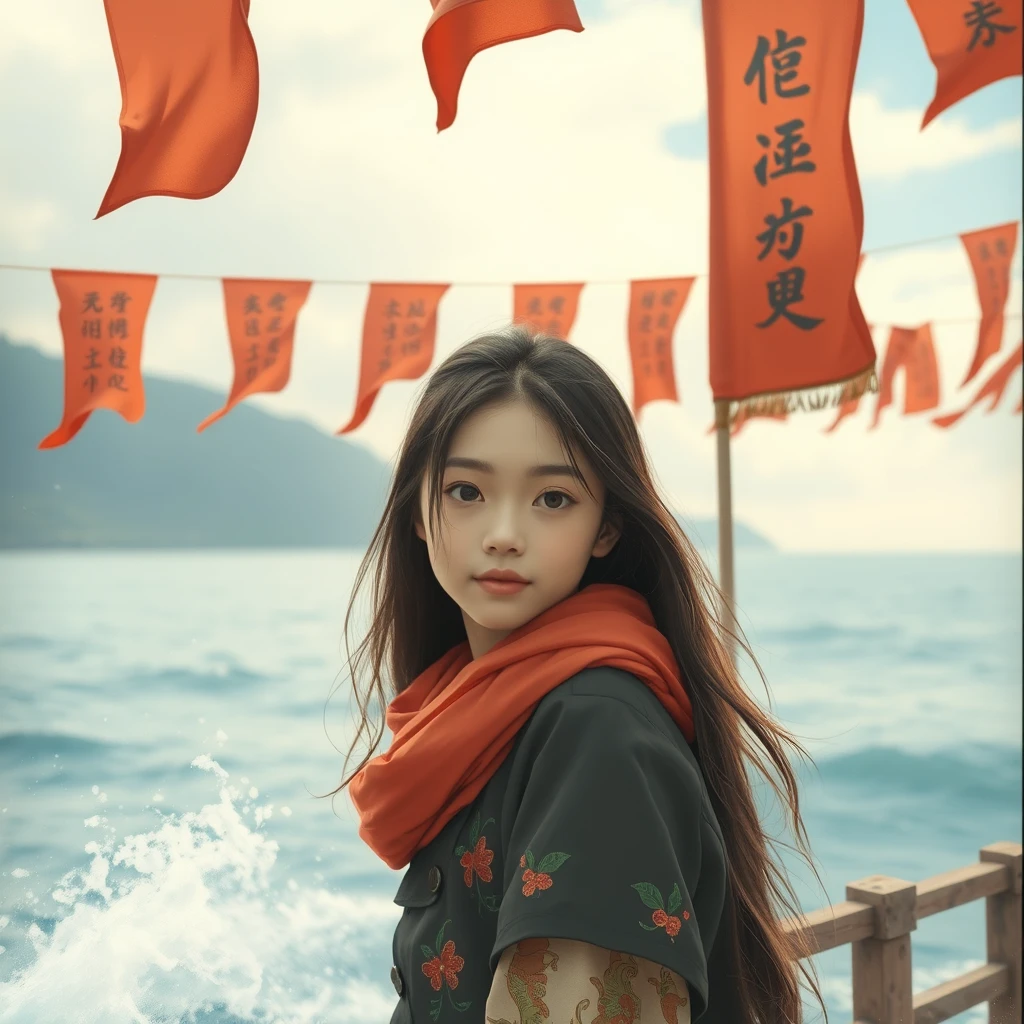 'The girl is by the sea, with flags and many Chinese characters.' - Image