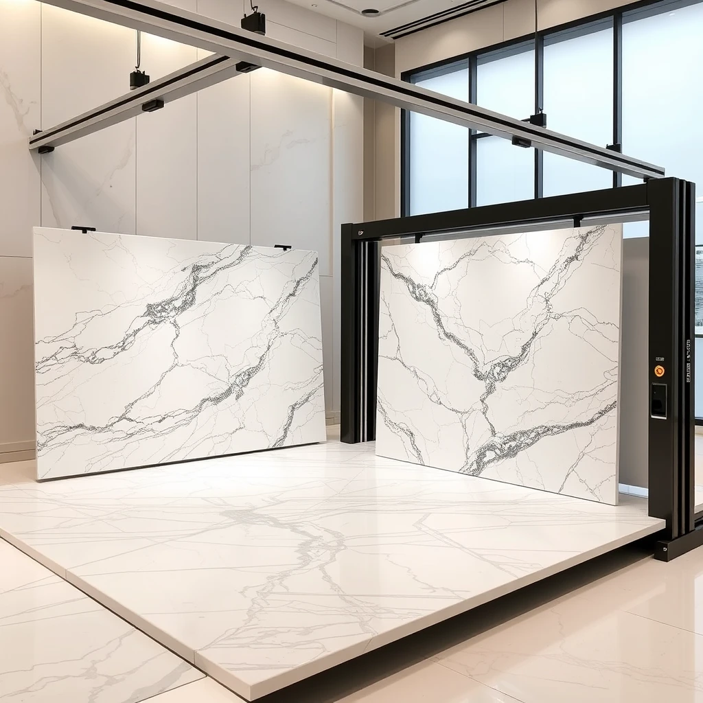 Smart, stylish automated display system that can hold large 4-meter sized polished marble panels, allowing the marble panels to be transported to the display arena using a combination of overhead rails and AGVs, automatically arranging them into an L-shaped bookmatch format for the best viewing experience. - Image