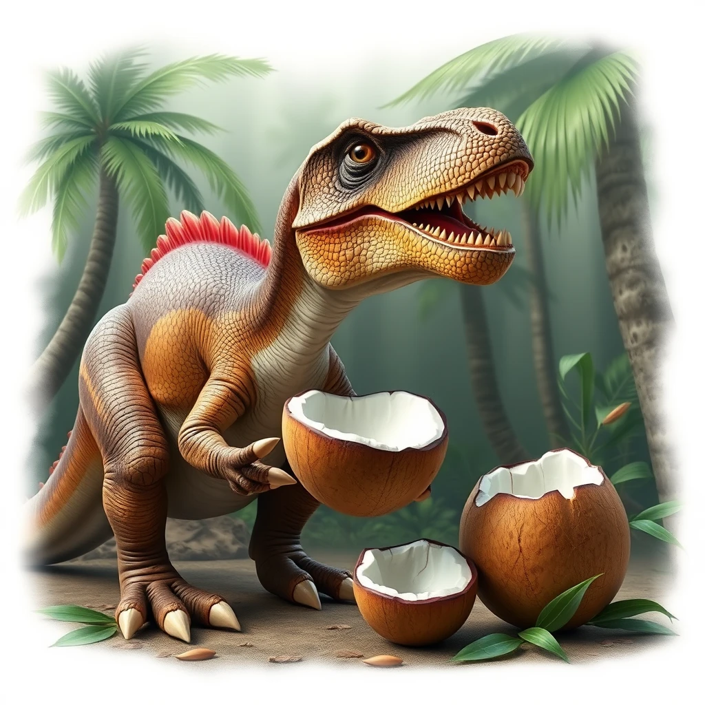 A Dinosaur eating coconuts photo realistic - Image