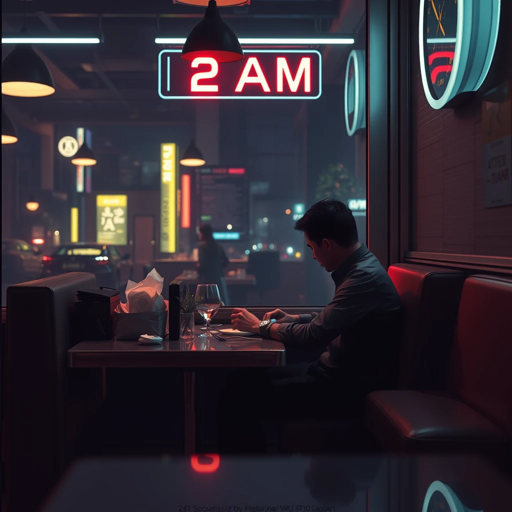 "At 2 AM, an office worker is dining at a window seat in a restaurant, in a cyberpunk style." - Image