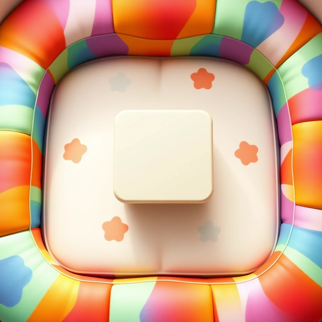 Digital image of a playful and soft padded multicolor table, small table, square table, vibrant colors. The overall atmosphere should be fun, light-hearted, and engaging, suitable for a digital game environment, top 45-degree view.