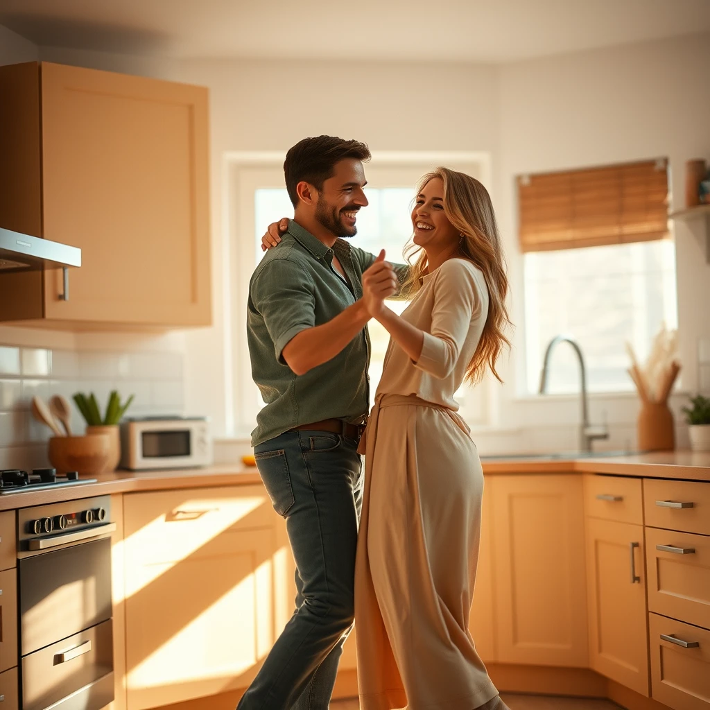 A joyful couple, beaming with bright smiles and sparkling eyes, share a carefree moment in a cozy kitchen, surrounded by warm beige cabinets and sleek countertops, as they twirl and sway to the rhythm of their own happy tune, bathed in the soft, golden glow of morning sunlight streaming through the window, casting a warm, inviting ambiance, with vibrant hues of turquoise, yellow, and orange popping against the crisp white walls, their relaxed, effortless dance moves frozen in time, as if captured in a candid snapshot, exuding an infectious energy and playful chemistry, perfect for an Instagram Reels cover that radiates warmth, joy, and the beauty of everyday moments.