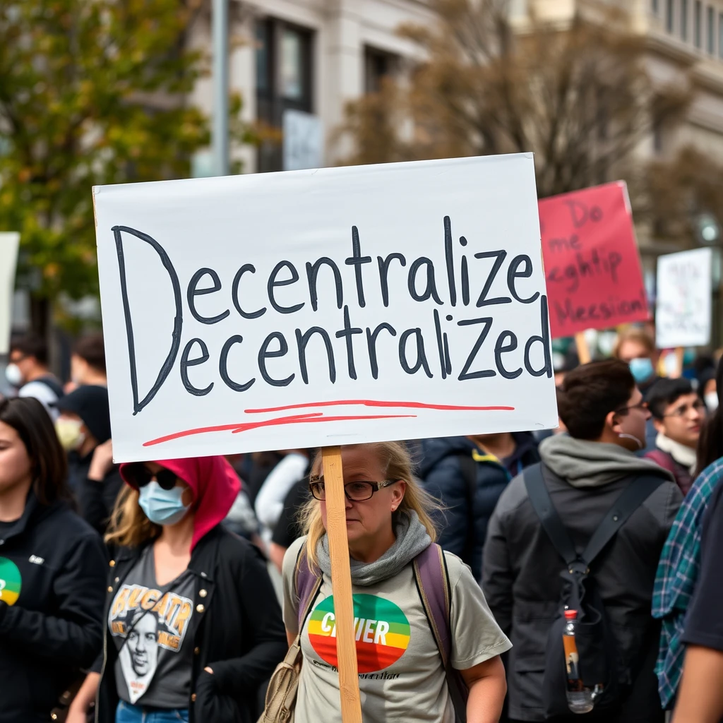 Protesters carry a sign that says "Decentralized". - Image