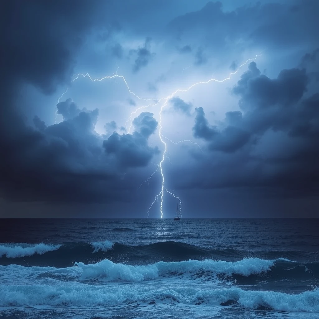 "Storm, sea, lightning, a small boat in the distance, cool tones, realistic high definition." - Image