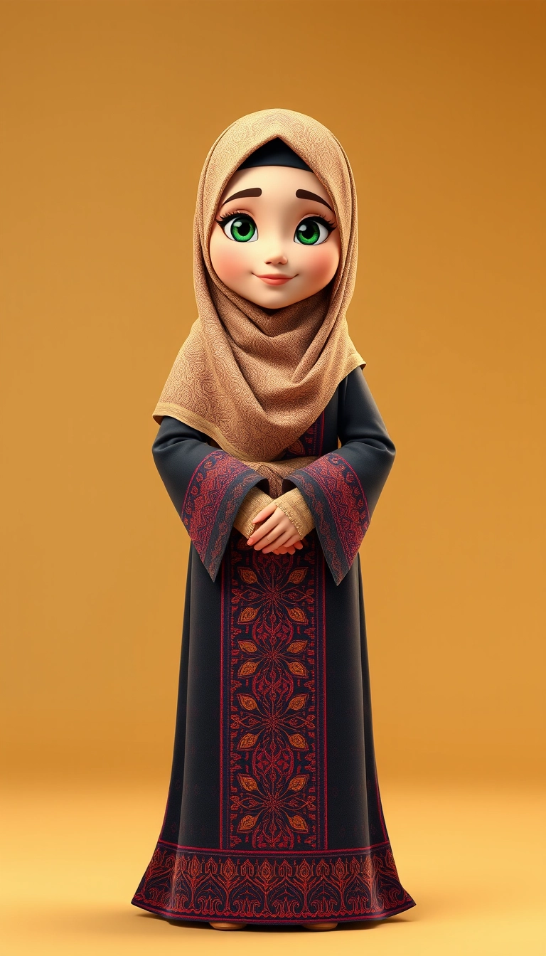 A 3D, 8k animated cartoon depiction of a Muslim woman from Palembang, wearing a traditional long songket and a long gown (gamis). She is adorned with a hijab that covers her chest and wears batik gloves covering her hands. - Image