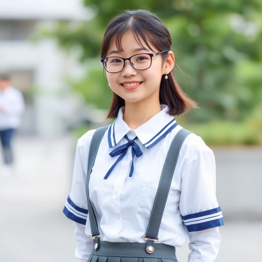 A 24-year-old Chinese girl wearing a suspender skirt and JK uniform, wearing glasses.