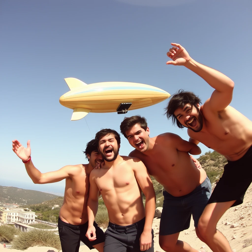 Four male friends having extreme fun in Pals, Catalonia. One has a zeppelin for a head.