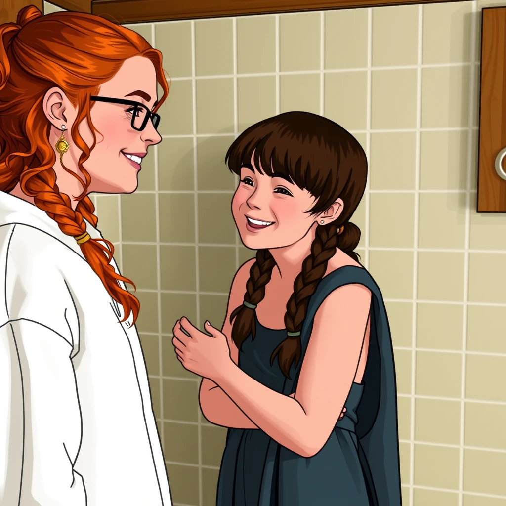 Hermione giggles as she helps Ginny get ready for their post-practice shower at summer camp. - Image