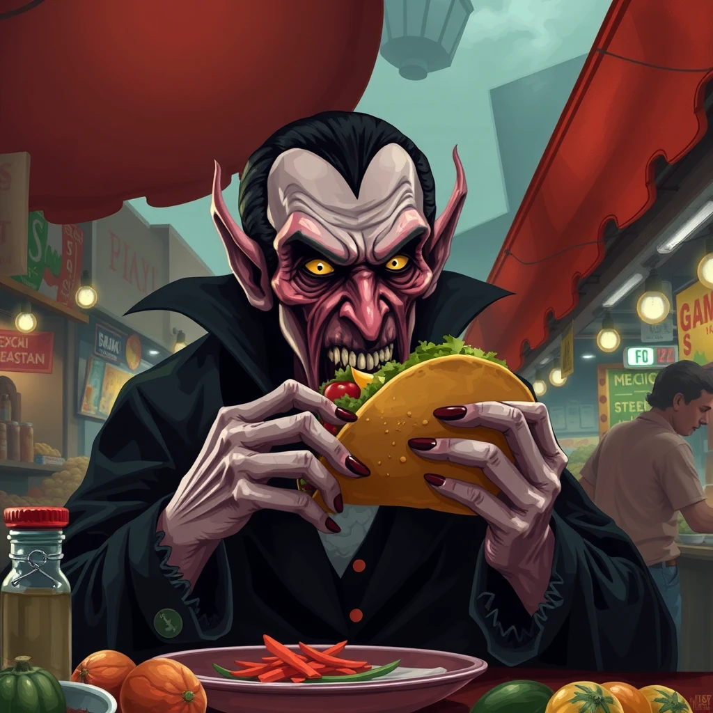 "I want to create an image of Dracula eating a taco in the middle of a Mexican market."