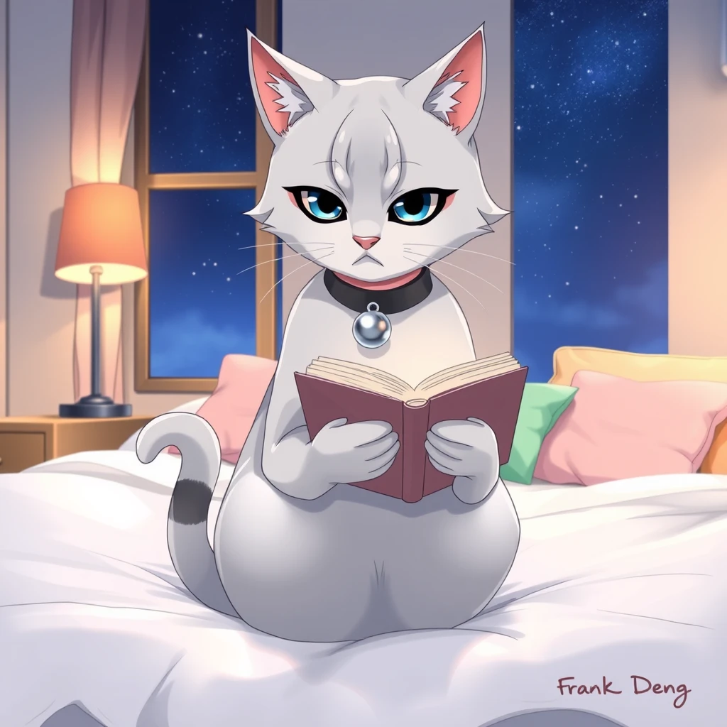 Character: A silver-haired anime cat with a cool and aloof expression, sitting upright on a bed with its legs crossed. The cat is engrossed in reading a book held in its paws. The cat has piercing blue eyes and a sleek, well-maintained coat.  
Clothing: The cat is wearing a simple, dark-colored collar with a small silver bell.  
Setting: The bed is covered with a soft, fluffy white blanket and has several plush pillows in various pastel colors. The background is a minimally decorated bedroom with a window showing a night sky filled with stars.  
Pose and Action: The cat is sitting upright and leaning slightly forward, its head tilted down as it focuses on the book. Its tail is curled neatly around its paws.  
Lighting: Soft, warm lighting emanating from a bedside lamp casts gentle shadows and highlights the silver fur of the cat.  
Art Style: Anime, with clean lines, vibrant colors, and expressive eyes.  
Signature: "Frank Deng" written in a stylized font in the bottom right corner of the image. - Image