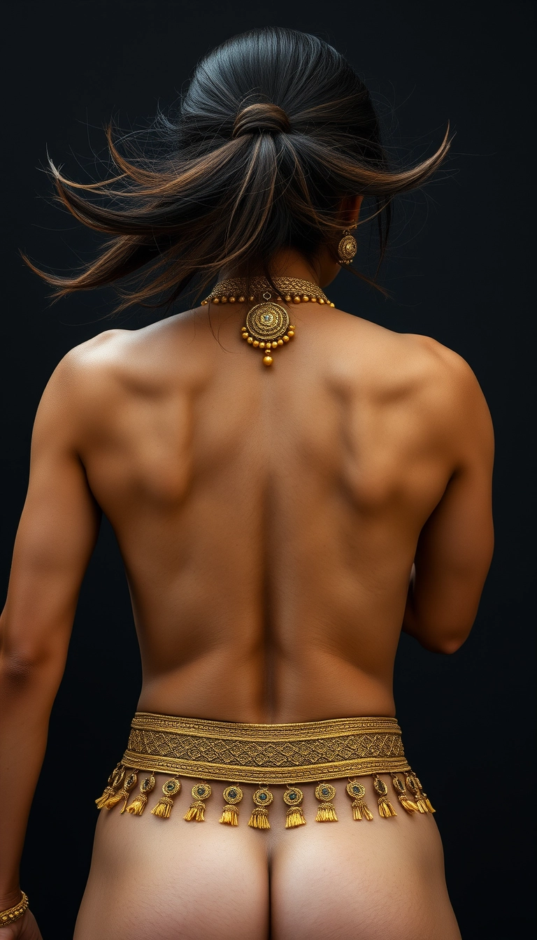 Highly muscular back view of a more Korean, less Indian woman with her hair spread, wearing gold ornaments on her waist and neck. - Image