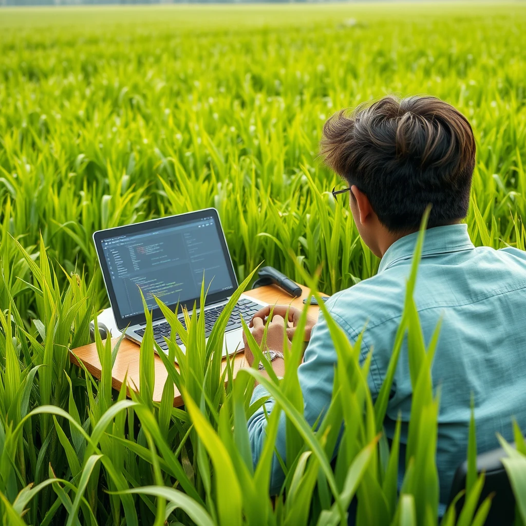 "An IT person is coding in the middle of a dense rice field at a table, where the rice plants are even creeping onto the IT person's table. It's a close-up view from behind, although the IT person's handsome face can actually be seen, he is Indonesian, with nice hair." - Image