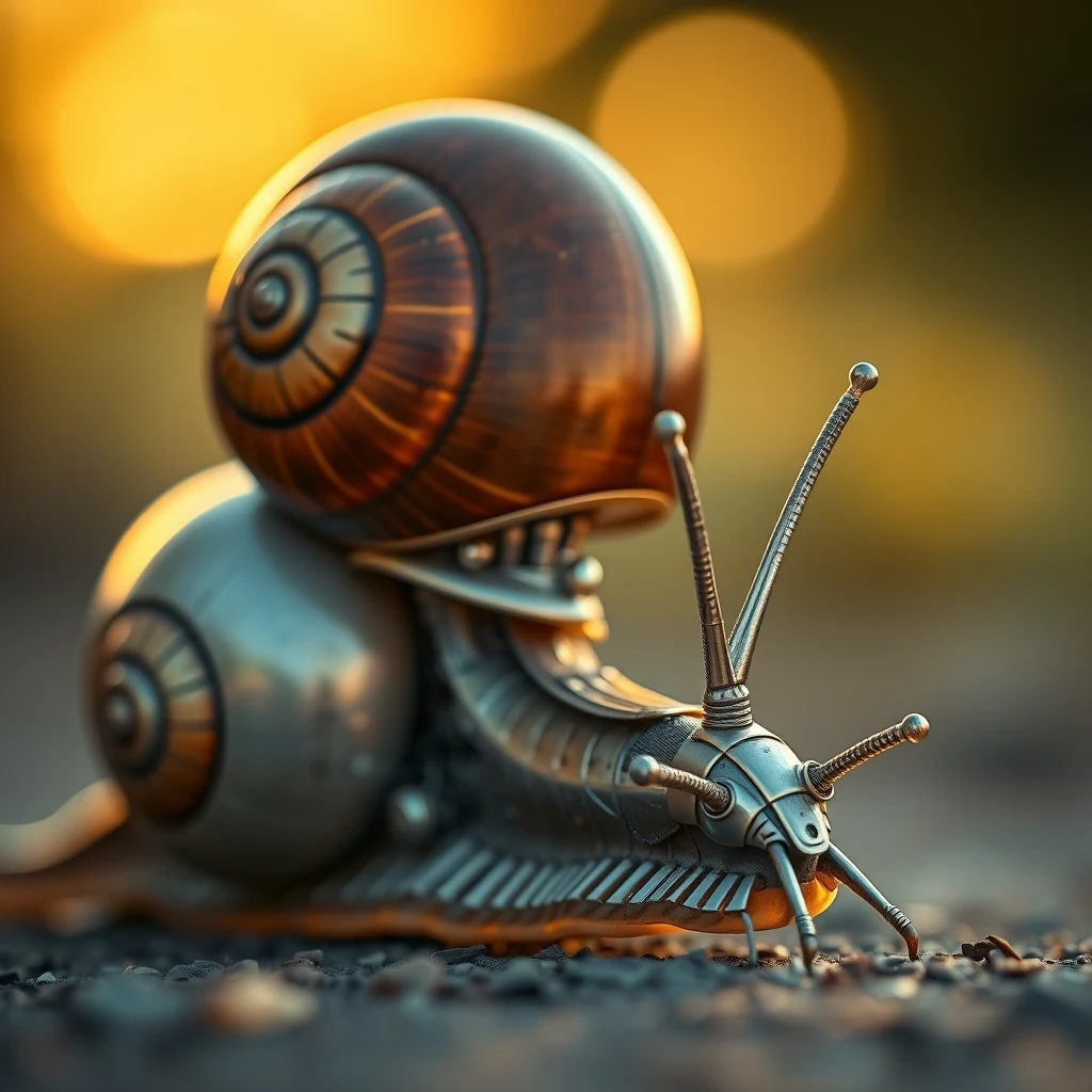 A snail modern robot, intricate detail, bokeh, golden hour. - Image