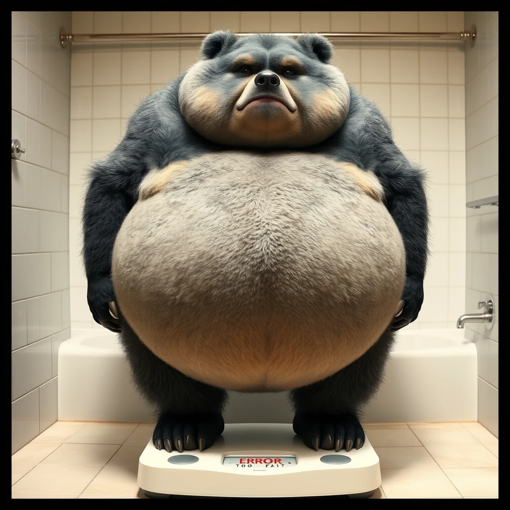 quarter view, anthropomorphic obese gray bear, standing on a scale that reads "error too fat". gray and black fur with tan and white fur markings. he has a heavyset body. wide fat bottom. fat wide double chins. full body. uncropped. fluffy fur. in bathroom before taking a shower. - Image