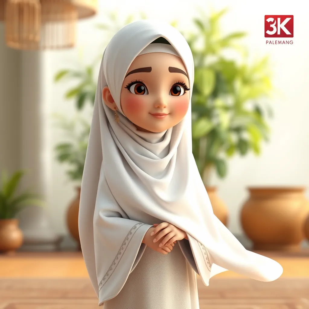 "Create a 3D animated cartoon of a Muslim woman from Palembang wearing a long white gamis. The character should be highly detailed with 8K resolution. Focus on traditional Palembang features and cultural elements."