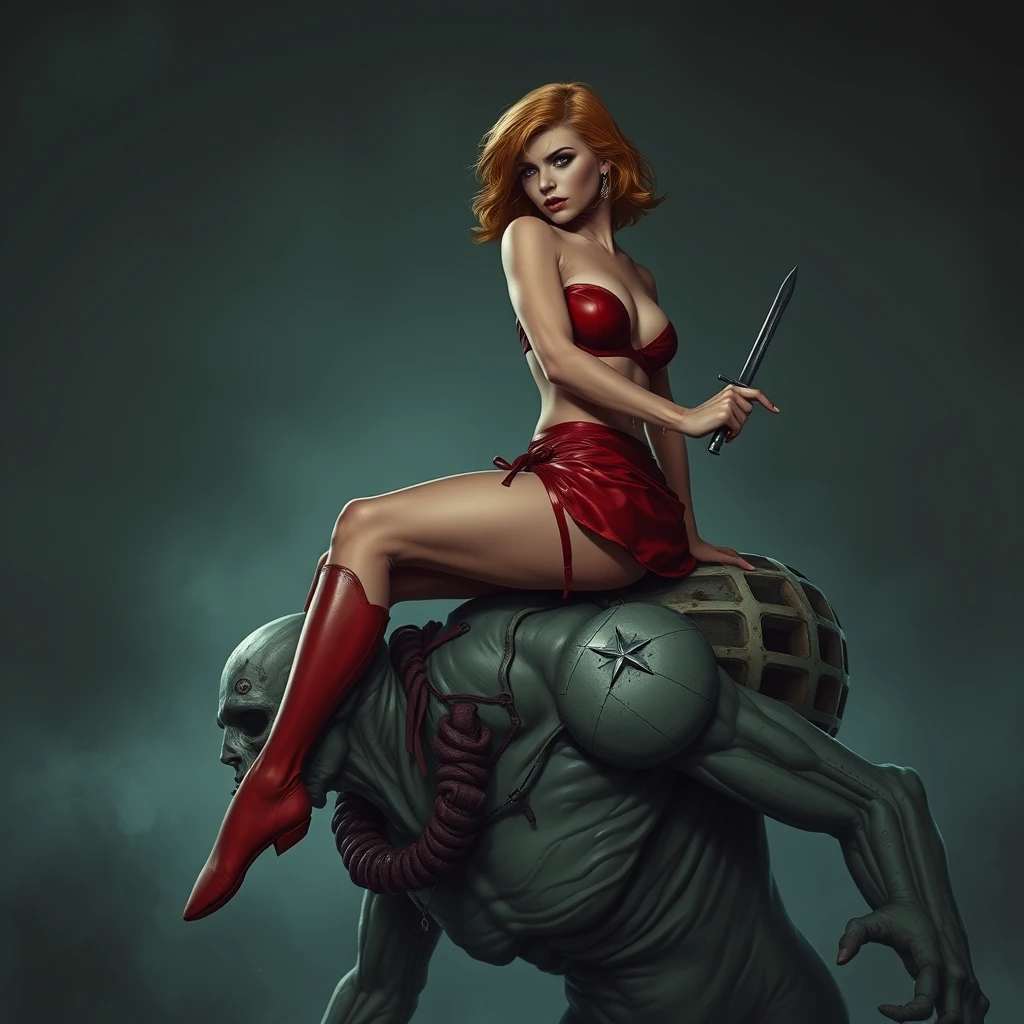 A tall mature woman in red sexy battle leather underwear rides on a zombie's shoulder with her legs open, her leg around the zombie's neck, as she stabs a dagger into the zombie's head, lineart. - Image