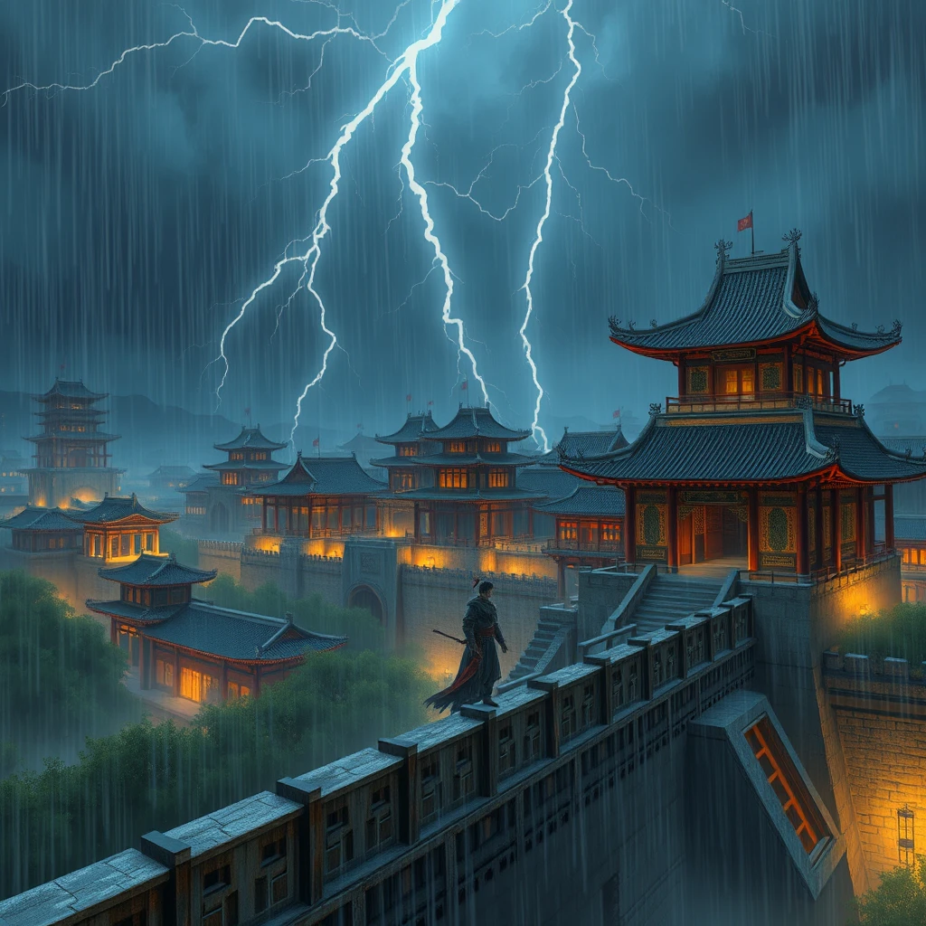 In an ancient city, a hero stands alone on the city wall on a stormy night, with the character style inspired by China's Tang Dynasty. The architectural style belongs to Chinese architecture. Lightning flashes and thunder rumbles, and heavy rain pours down.