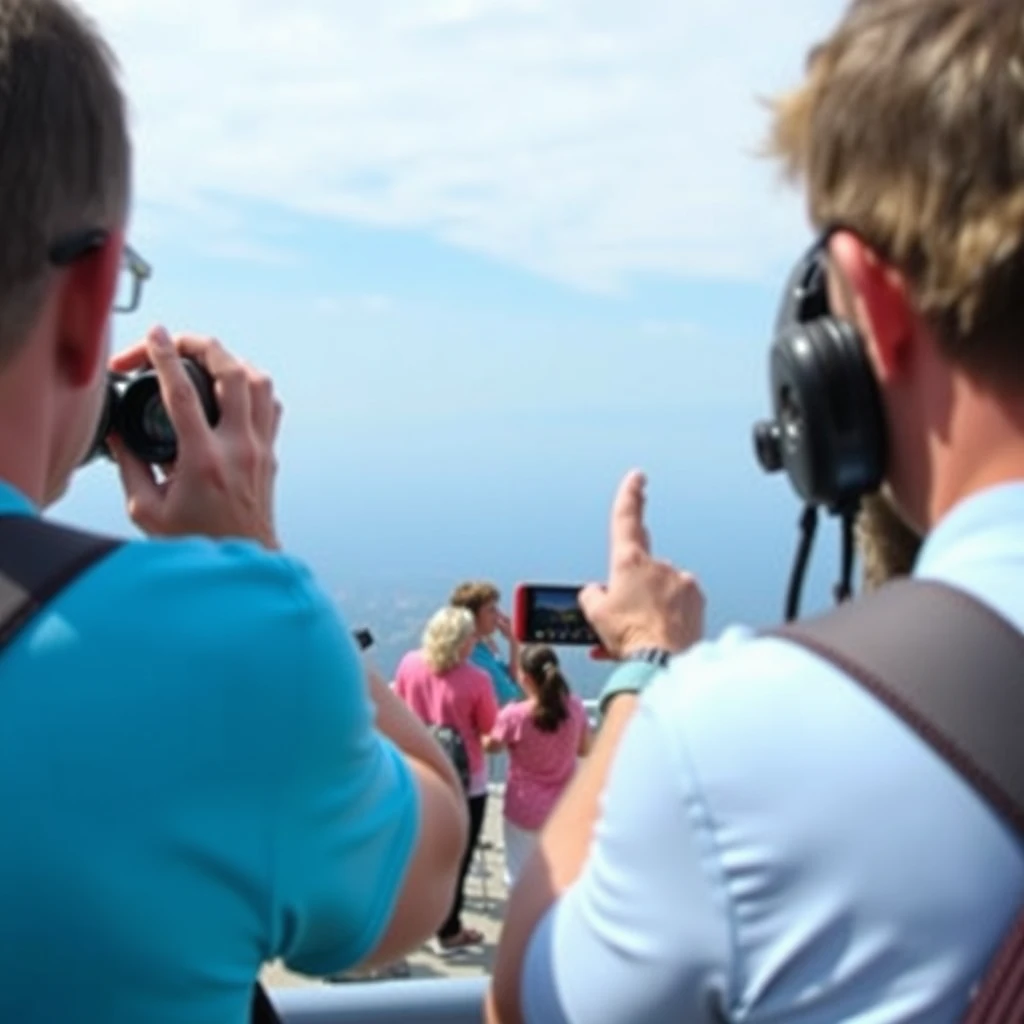 View from a high observation deck, through binoculars of people on another distant observation deck. - Image