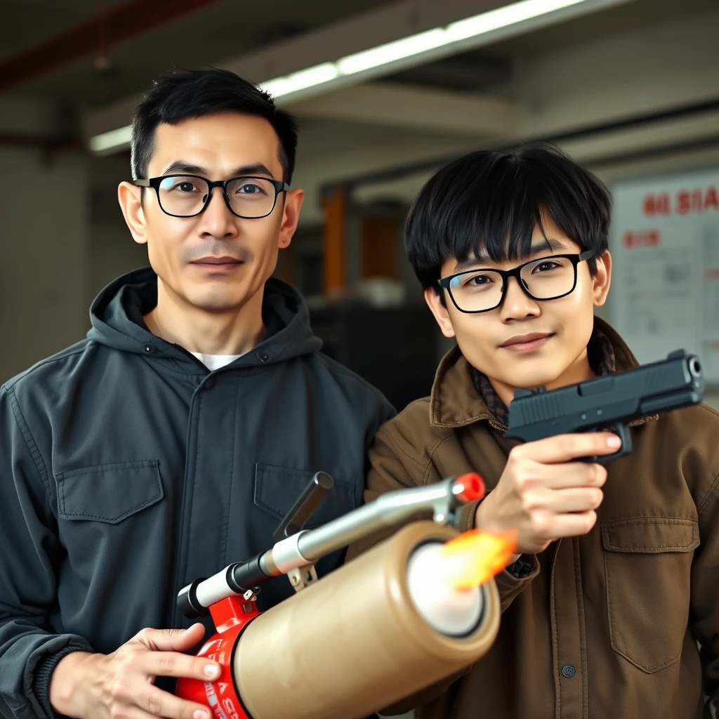 A set of 2 people: 2 men, 1 Caucasian man, 1 Northern Chinese man, together in a garage setting. Here are the details, which I want to be accurate.

The first one (Italian white man) has these features: he is rather thin and has round prescription glasses. He also has short black hair and is holding a very large fire extinguisher flamethrower.

The second one (Northern Chinese man) has these features: a thin long face, wears square prescription glasses, and has mid to long fringe black hair. He is holding a pistol.