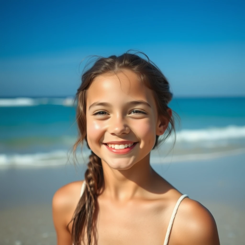 Beach, girl, very fair skin, smiling, facing the camera.