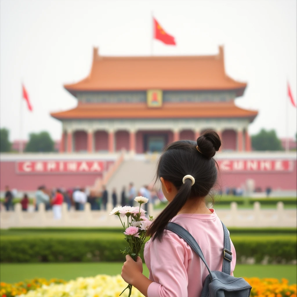 "A girl holding flowers is watching the raising of the national flag at Tiananmen."