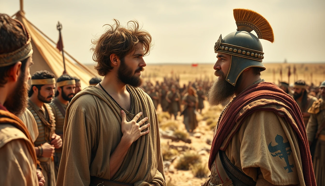 A young man, with messy hair and a short beard, is arguing with a middle-aged Mesopotamian king. The young man is dressed in biblical-era shepherd's attire, his right hand placed over his chest. The middle-aged king is dressed as a Mesopotamian soldier. Both men are surrounded by a diverse group of men in ancient Sumerian soldier armor. In the background are Arabic army tents pitched on desert shrub land. In the distant horizon stands another army armed and ready to fight. Dramatic lighting. - Image