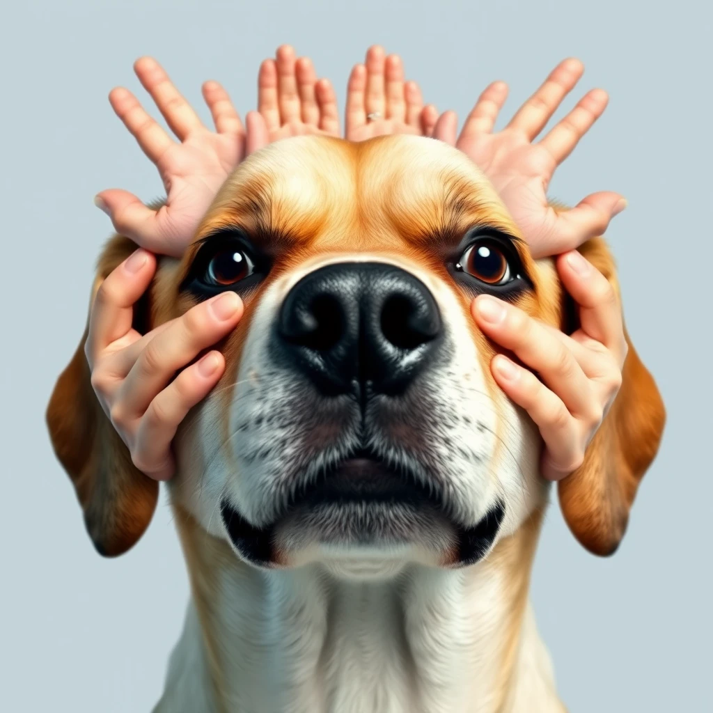 A dog face with human hands growing out of its ears.