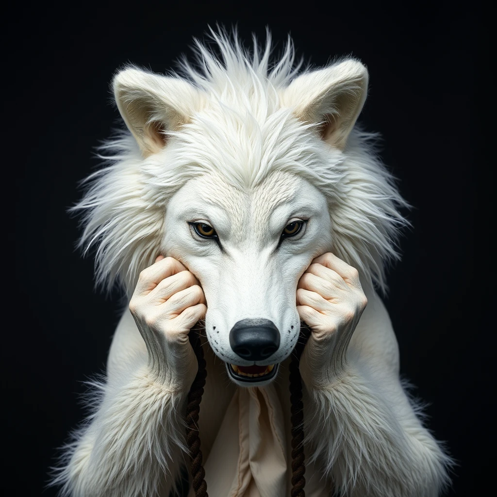 White skinhead man holding wolf fursuit head - Image