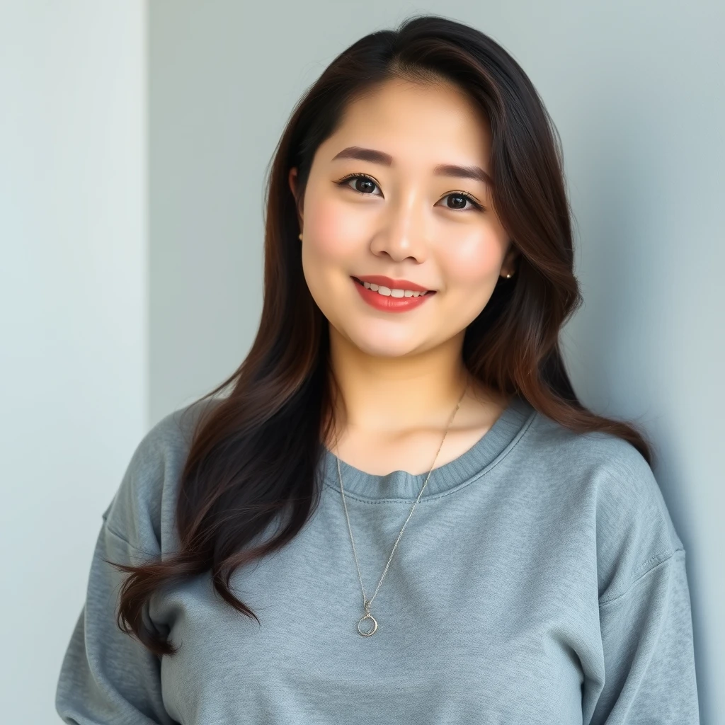 A beautiful Korean woman, ulzzang, wearing a grey shirt, a bit chubby.