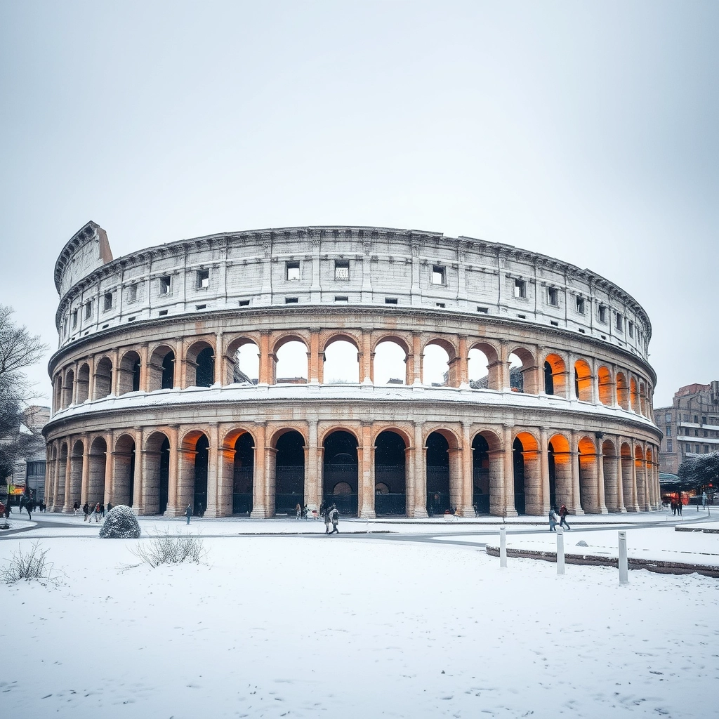 Realistic image of the Colosseum in Rome covered with snow.