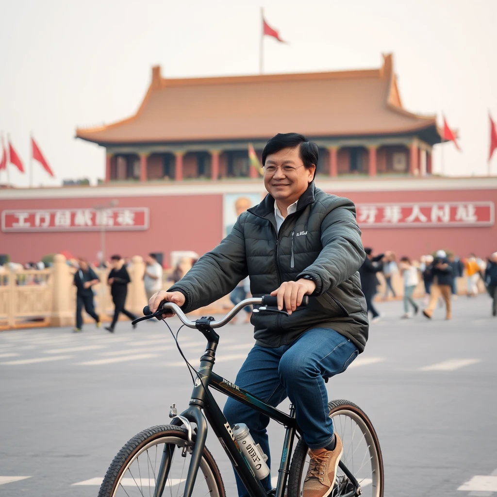 Jackie Chan rides a bicycle at Tiananmen Square.