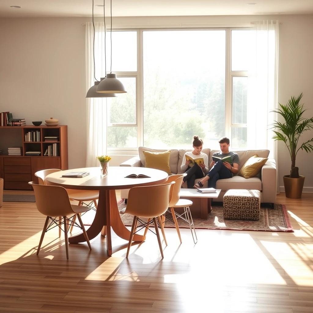 A modern living room with a three-seater sofa, a four-person dining table, sunlight shining in through the window, and a couple sitting on the sofa reading books. - Image