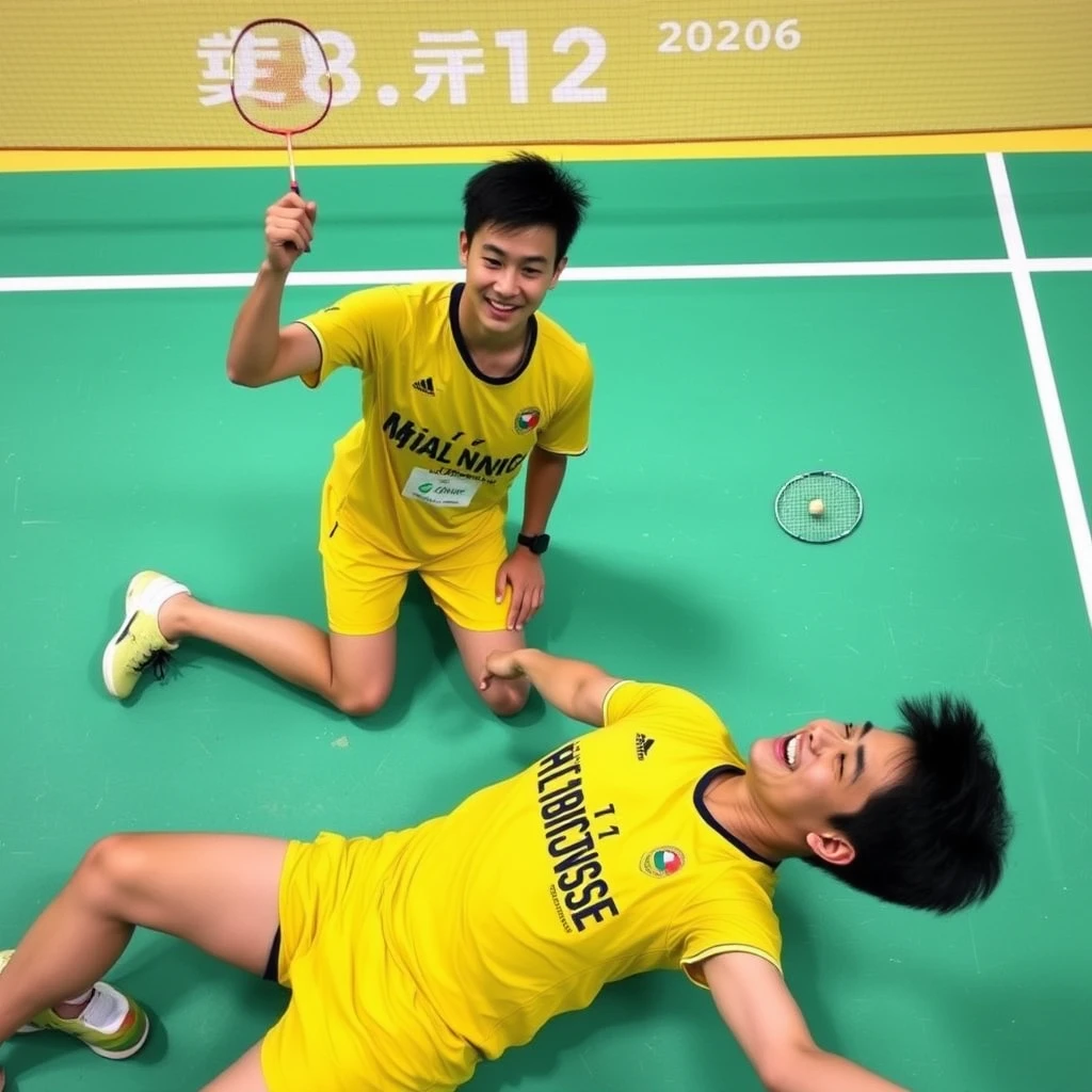 A Taiwanese men's badminton doubles Olympic team, at the moment they won on the court, one player is kneeling down on the ground, and the other is happily lying on the ground, captured from a bird's-eye view, wearing yellow jerseys. - Image