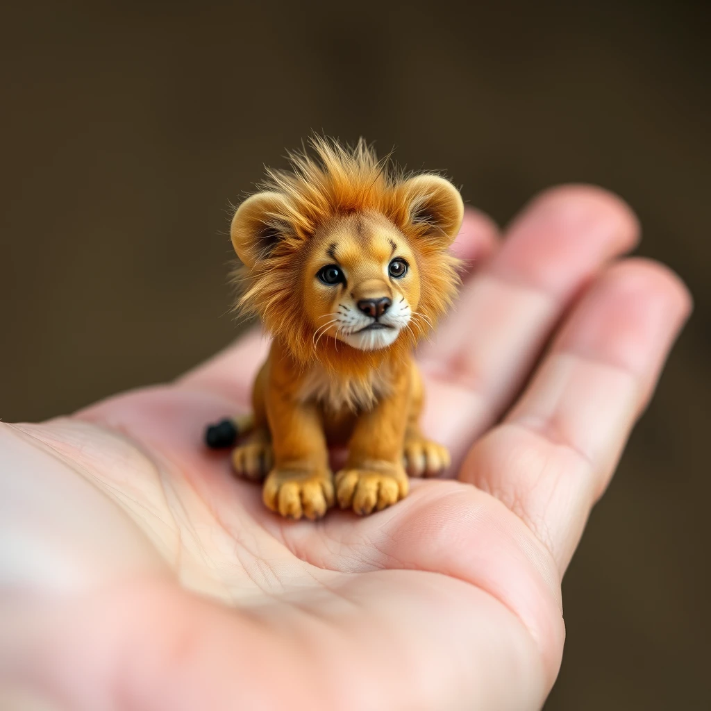 A very small tiny realistic cute lion on four in a hand