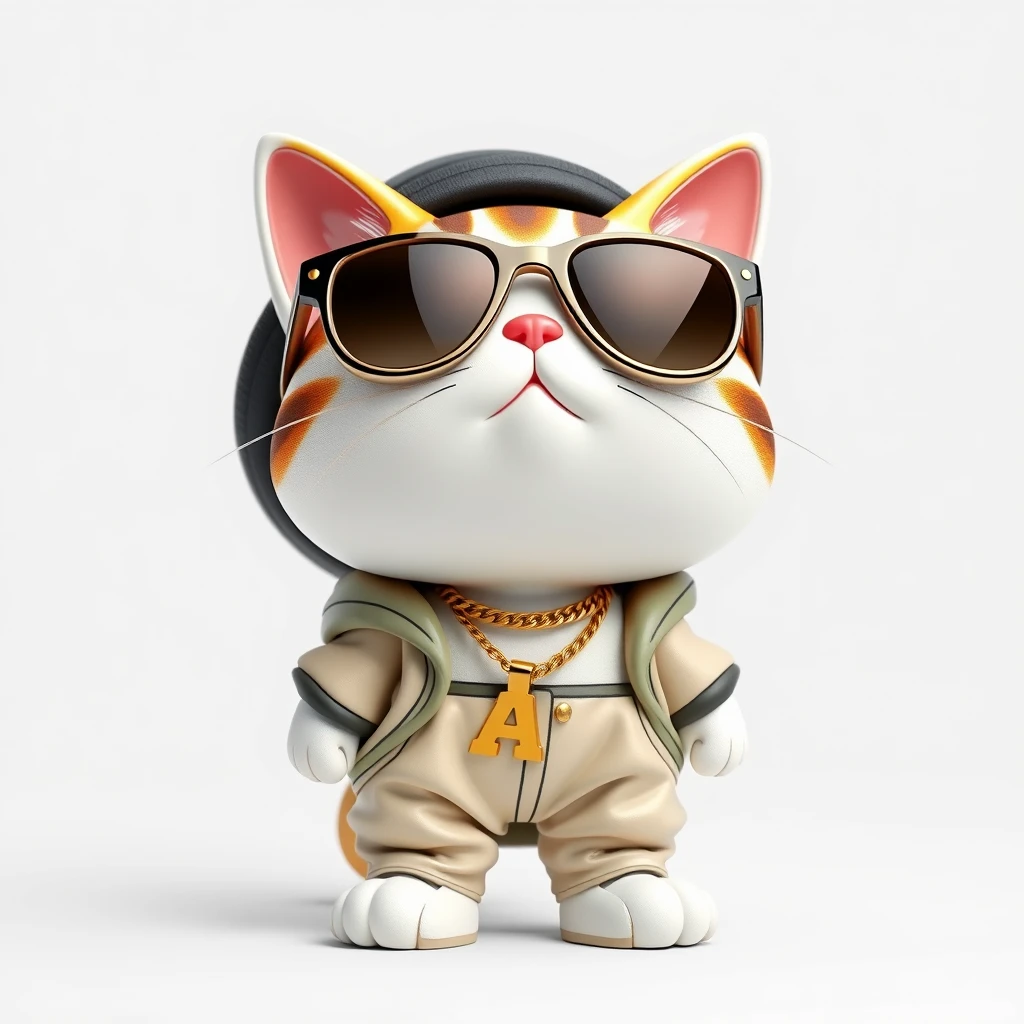 A cat figurine, 3D style, depicted in a cute Japanese chibi (two-head) style, wearing hip-hop style clothing such as oversized sunglasses, a gold chain, baggy pants, and a hat. The visual style is a realistic photo, in 8K ultra-high resolution, with a white background. - Image