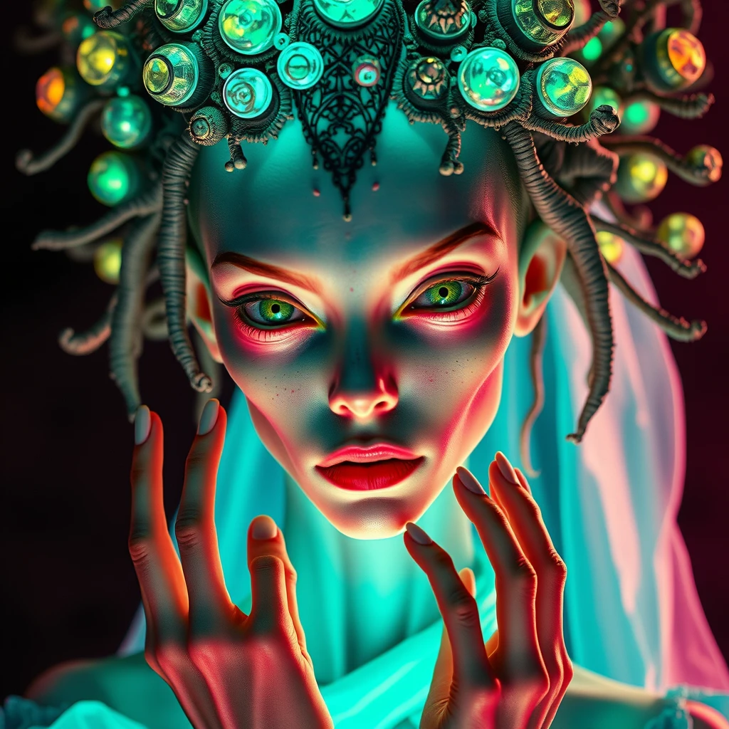 (vibrant neon colors) Ethereal alien-human hybrid, bioluminescent skin. Ornate organic crown with iridescent translucent nodules. Piercing green eyes, elongated features. Intricate bone-like structures, glowing backlit features. Delicate hands framing face. Pale mint complexion, freckles. Flowing seafoam garment. Hyper-detailed textures, otherworldly beauty. Surreal and dreamlike atmosphere, cinematic lighting.