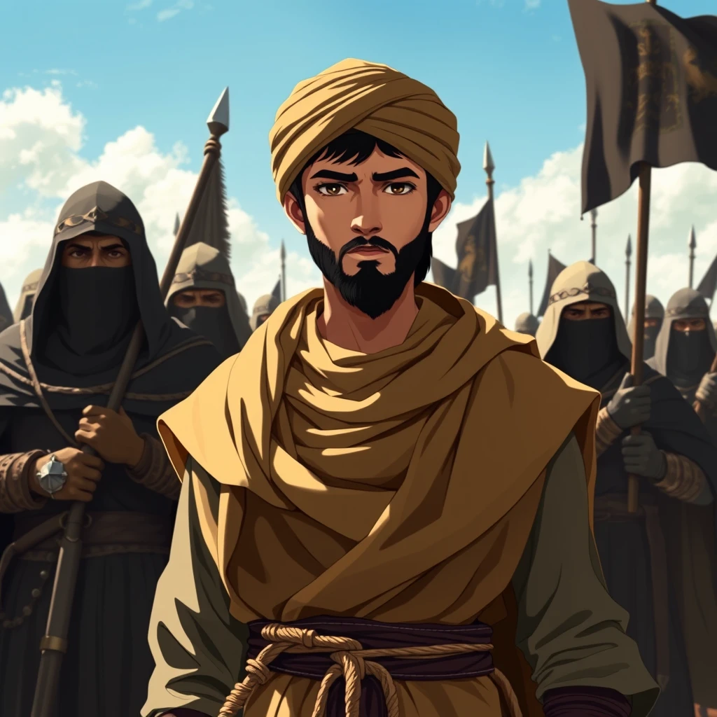 Full-view anime portrait of a young Muslim commander wearing modest biblical cloak and turban clothes, standing behind great Muslim warriors with a leadership expression. The medieval Muslim warriors are covered in veils, holding black banners, and guarding him in open land. The theme is "the conquest of Jerusalem has come," powerful, movie graphics, alpha, acrylic paint shader, dynamic illustration.