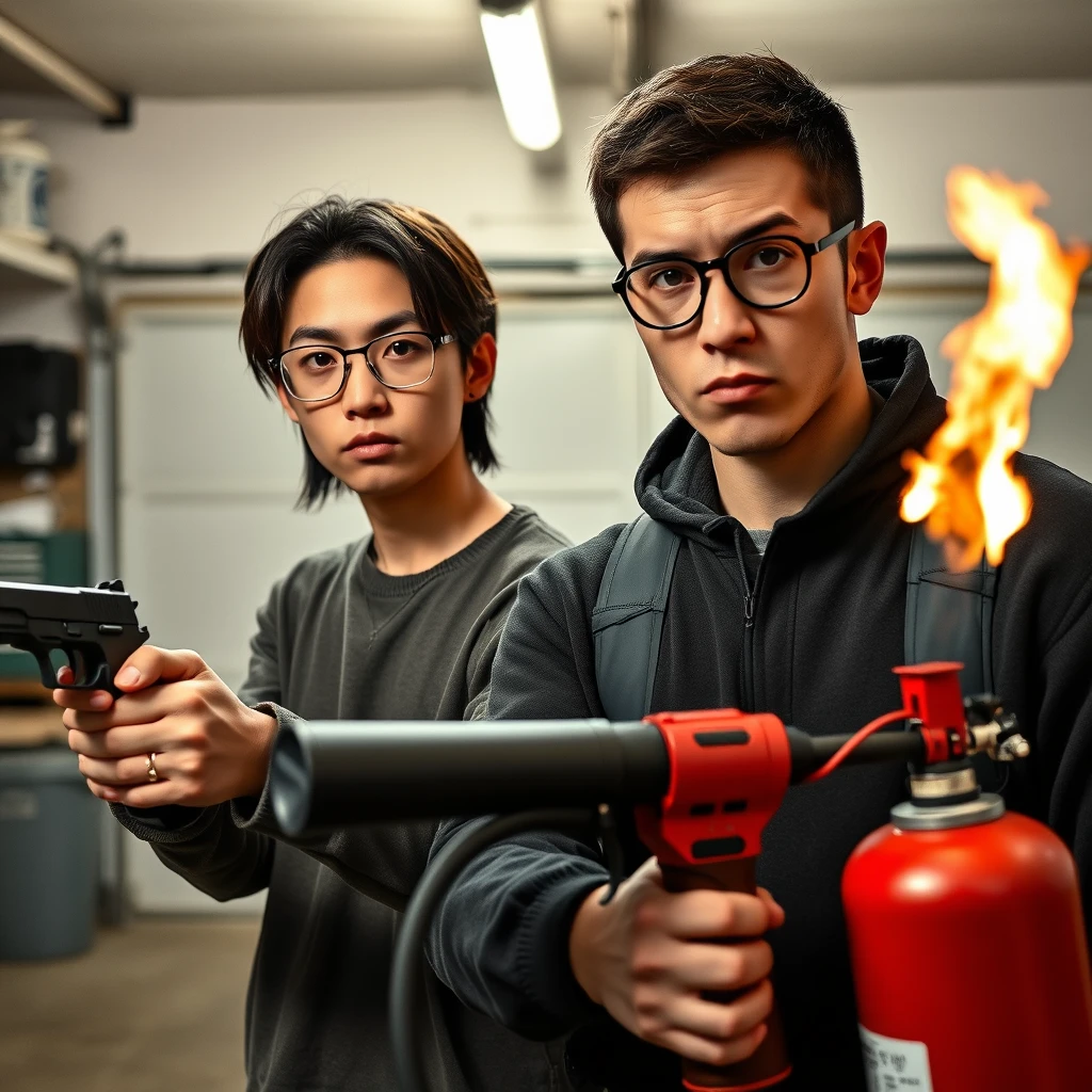 21-year-old white thin long-faced young northern Chinese man with a square chin, wearing square glasses, holding a pistol, "medium/long length hair"; 21-year-old Caucasian Italian man wearing round glasses and short hair holding a very large fire extinguisher flamethrower; garage setting; both angry. - Image