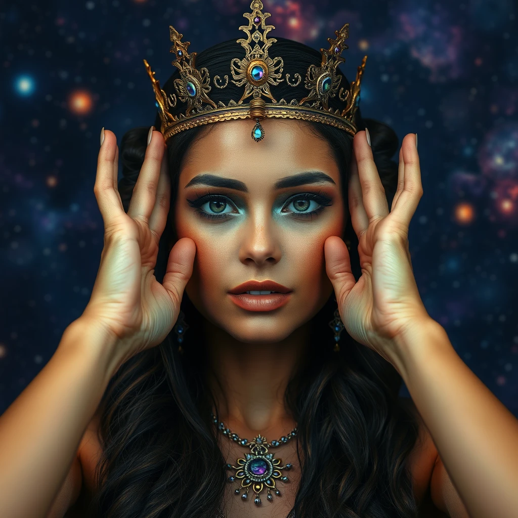 A beautiful queen of the universe holding up her hands, face in the background. - Image